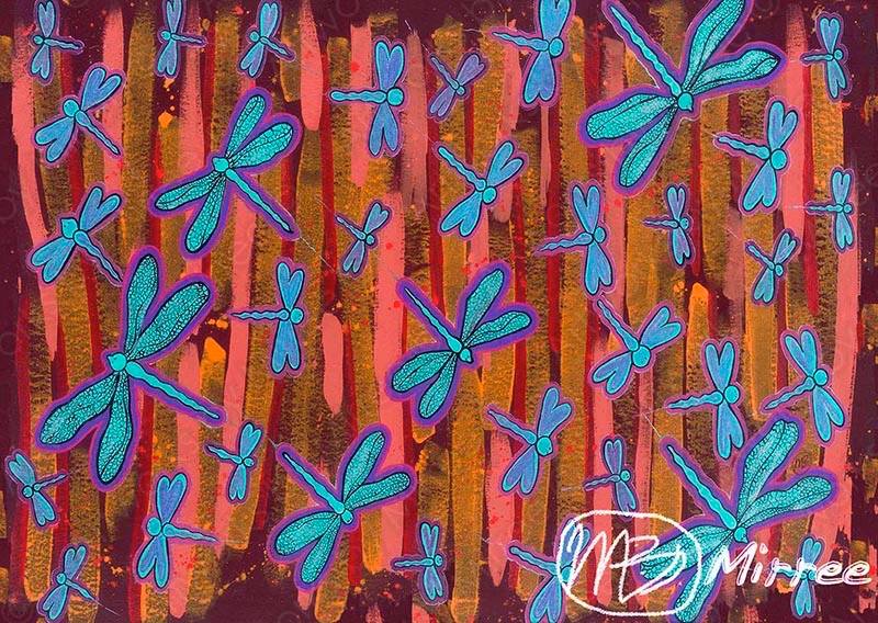 Dreamtime Dragonfly Swamp Contemporary Aboriginal Painting by Mirree